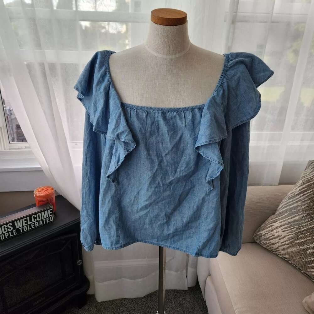 NWT $79 J Crew Peasant Blouse XL Blue Chambray Denim Ruffle Long Sleeve